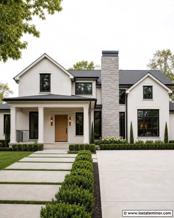 Off White House With Chimney And Black Windows - 30 Off White House Design With Chimney Ideas