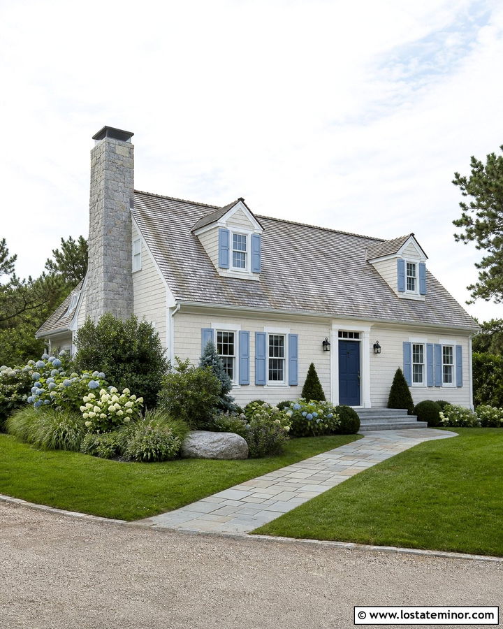 Off White House With Chimney And Blue Shutters - 30 Off White House Design With Chimney Ideas
