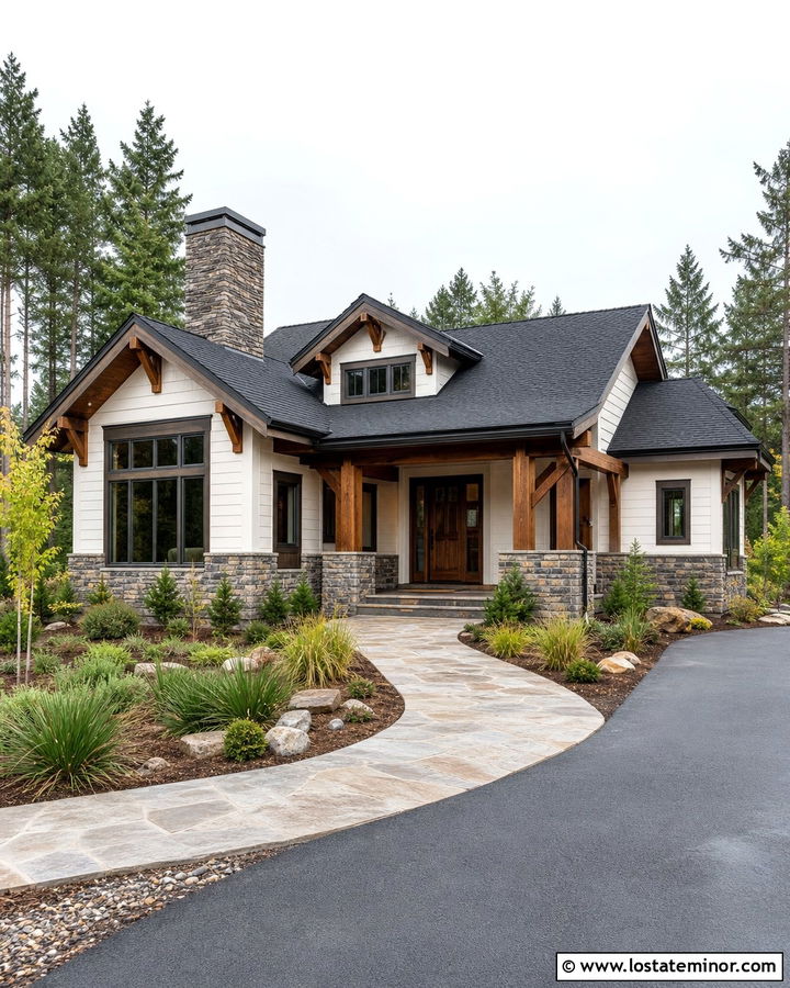 Off White House With Chimney And Cedar Accents - 30 Off White House Design With Chimney Ideas
