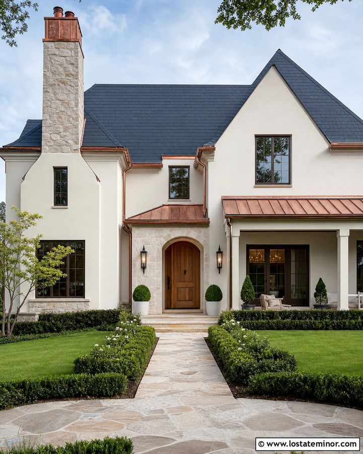 Off White House With Chimney And Copper Details - 30 Off White House Design With Chimney Ideas