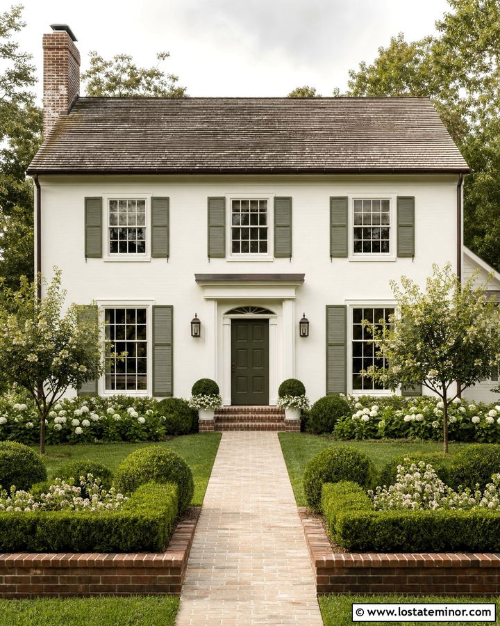 Off White House With Chimney And Green Shutters - 30 Off White House Design With Chimney Ideas