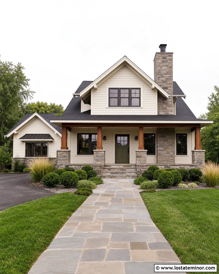 Off White House With Chimney And Stone Porch - 30 Off White House Design With Chimney Ideas