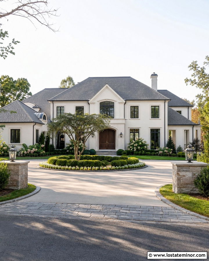 Off White House With Circular Driveway - 30 Off White House Design With Front Yard Ideas