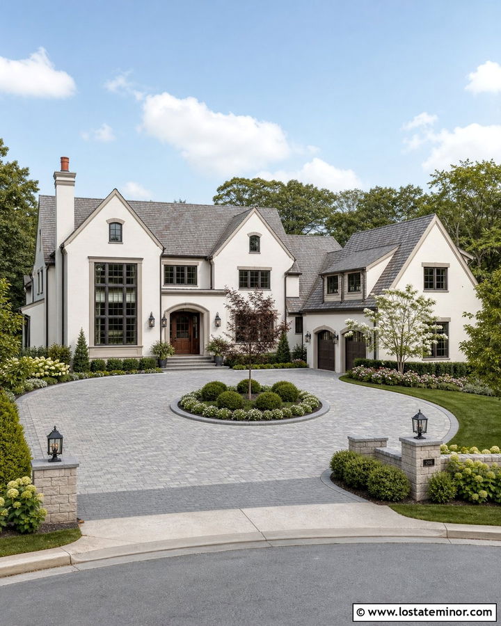 Off White House With Circular Paver Driveway - 30 Off White House Design With Driveway Ideas