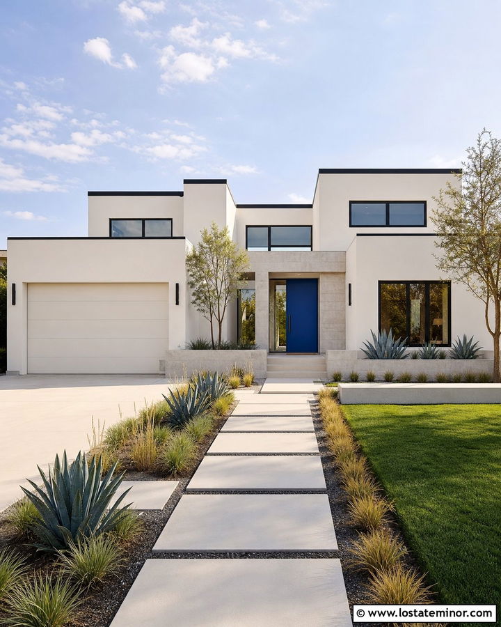 Off White House With Cobalt Blue Entry Door - 30 Off White House Design With Entry Door Ideas