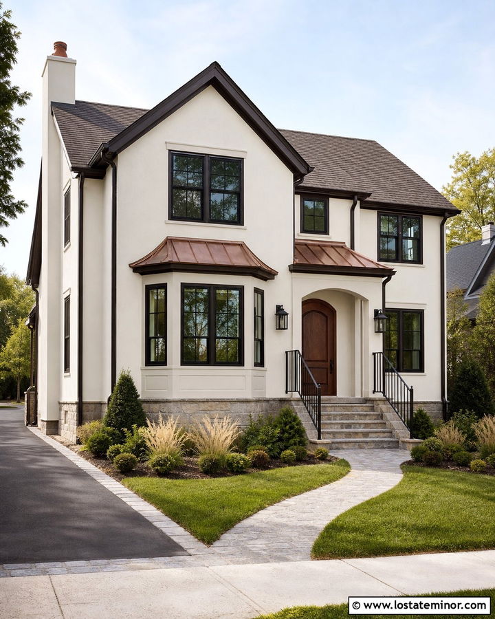 Off White House With Copper And Bronze Trim - 30 Off White House Design With Trim Ideas