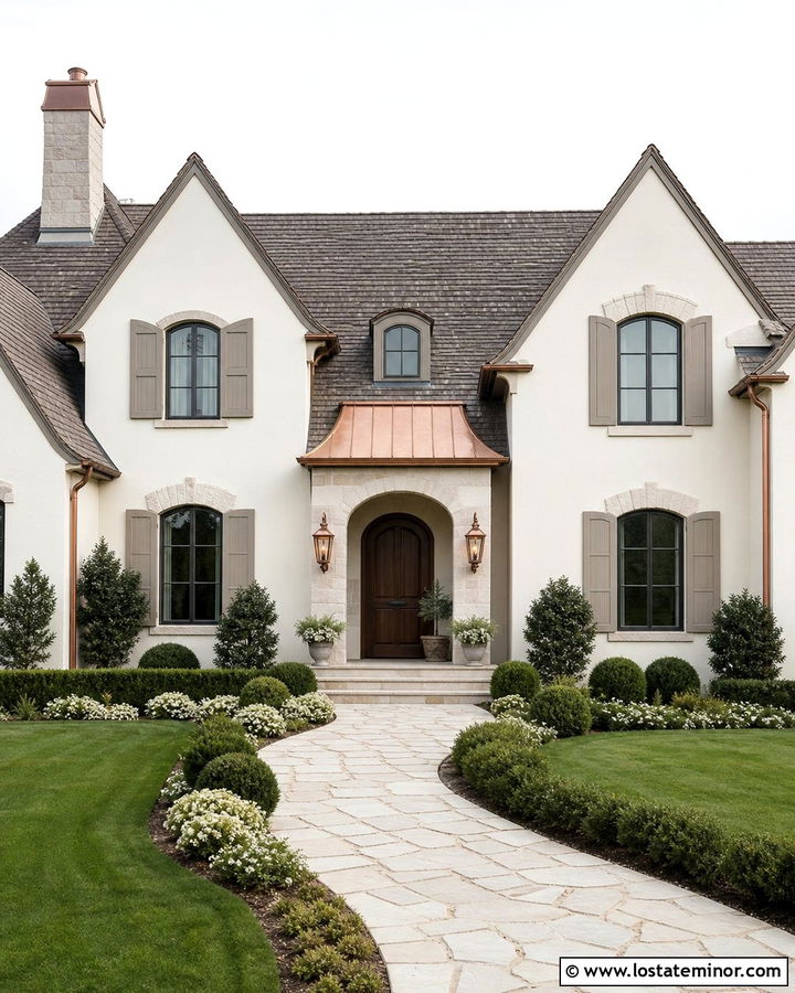 Off White House With Copper Door Awning - 30 Off White House Design With Awning Ideas