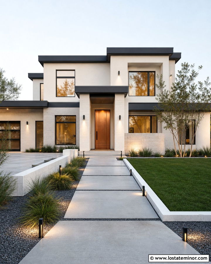 Off White House With Copper Entry Door - 30 Off White House Design With Entry Door Ideas