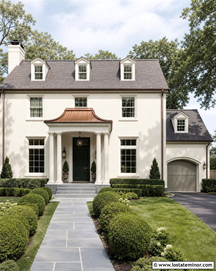 Off White House With Copper Roof Portico - 30 Off White House Design With Portico Ideas