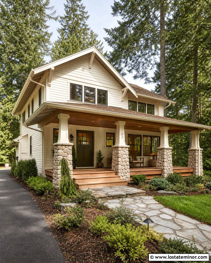 Off White House With Covered Wood Deck - 30 Off White House Design With Deck Ideas