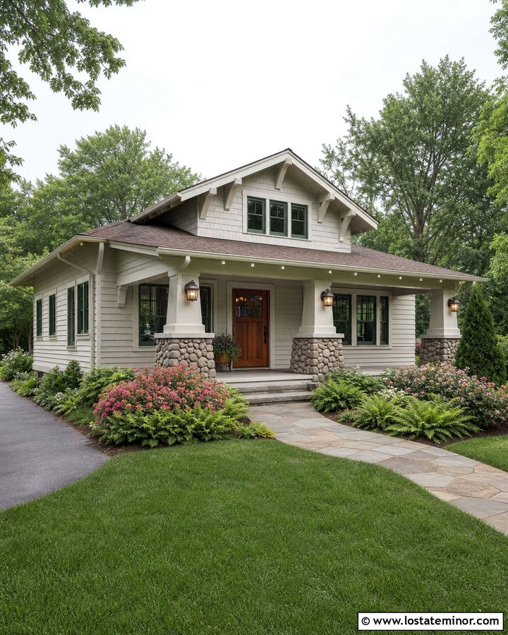 Off White House With Craftsman Column Lights - 30 Off White House Design With Lighting Ideas