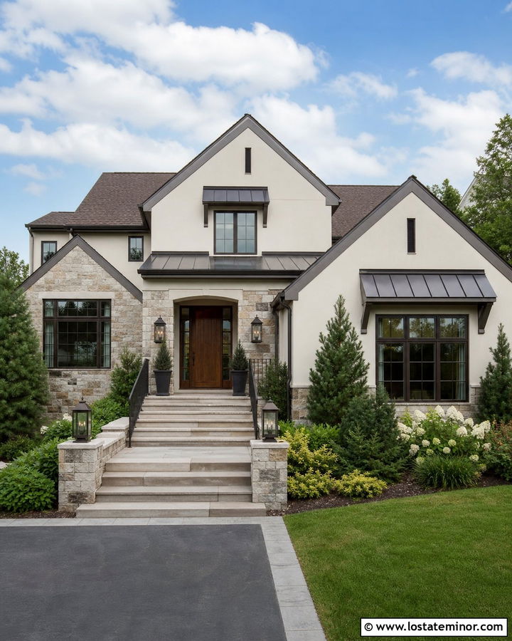 Off White House With Dark Bronze Railings - 30 Off White House Design With Railings Ideas