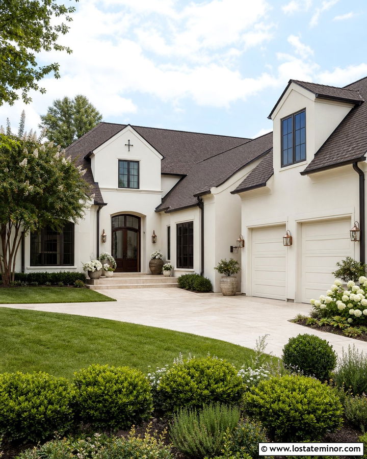 Off White House With Dark Brown Entry Door - 30 Off White House Design With Entry Door Ideas
