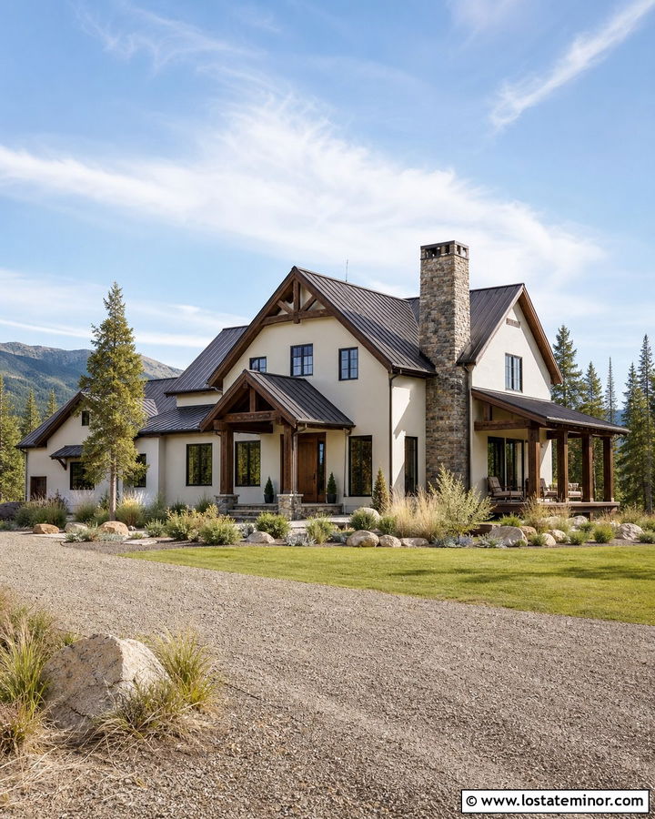 Off White House With Dark Brown Metal Roof - 30 Off White House Design With Roof Ideas