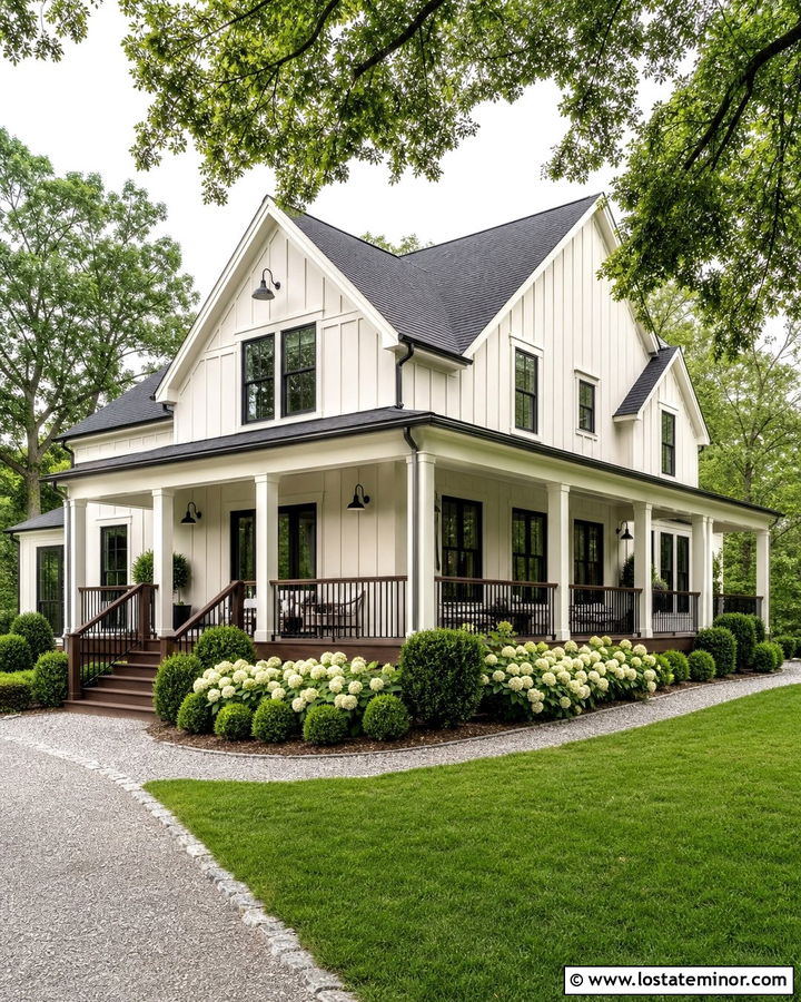 Off White House With Dark Brown Wraparound Deck - 30 Off White House Design With Deck Ideas