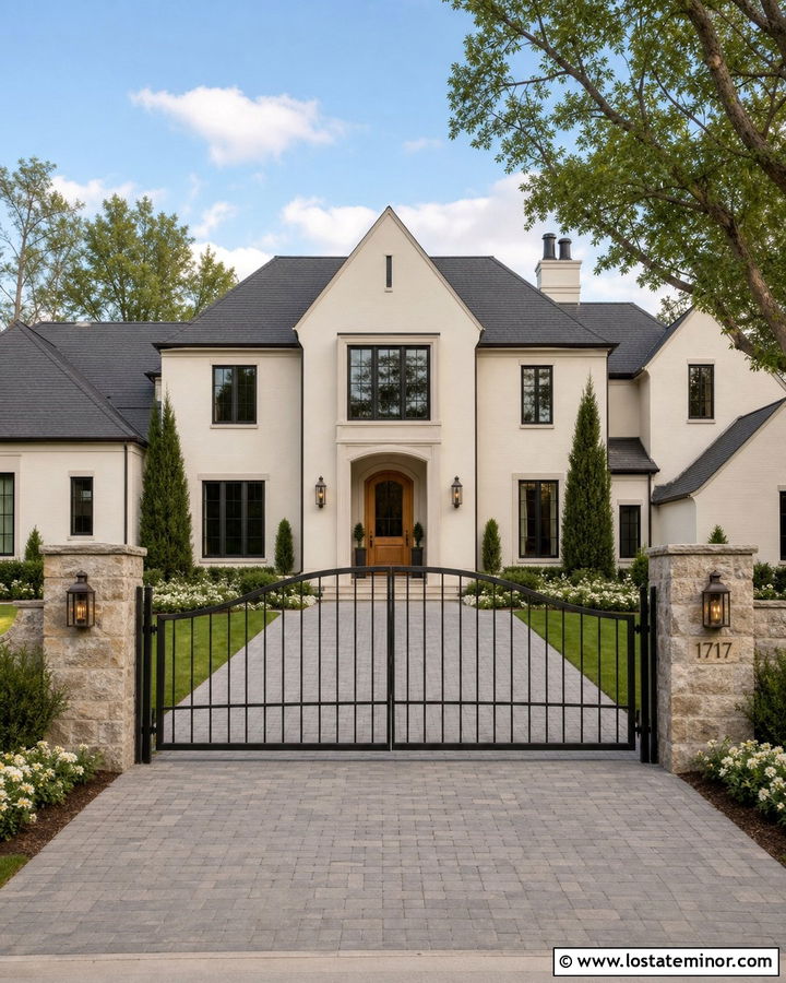 Off White House With Driveway Gate - 30 Off White House Design With Driveway Ideas