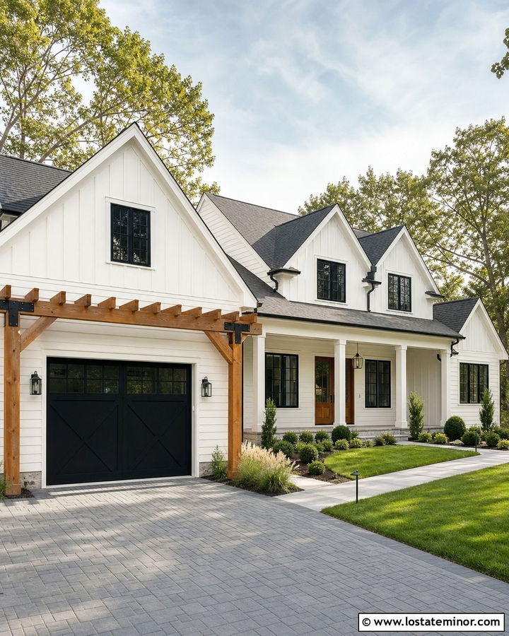 Off White House With Driveway Pergola - 30 Off White House Design With Driveway Ideas