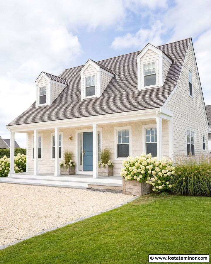 Off White House With Dusty Blue Entry Door - 30 Off White House Design With Entry Door Ideas