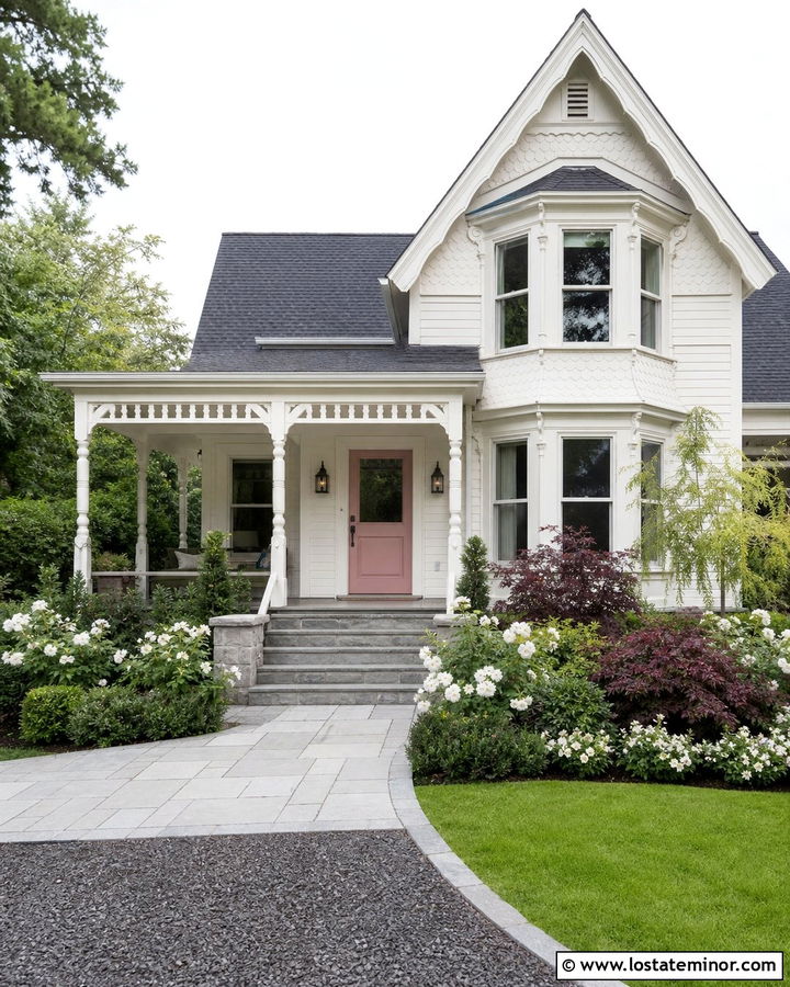 Off White House With Dusty Pink Entry Door - 30 Off White House Design With Entry Door Ideas