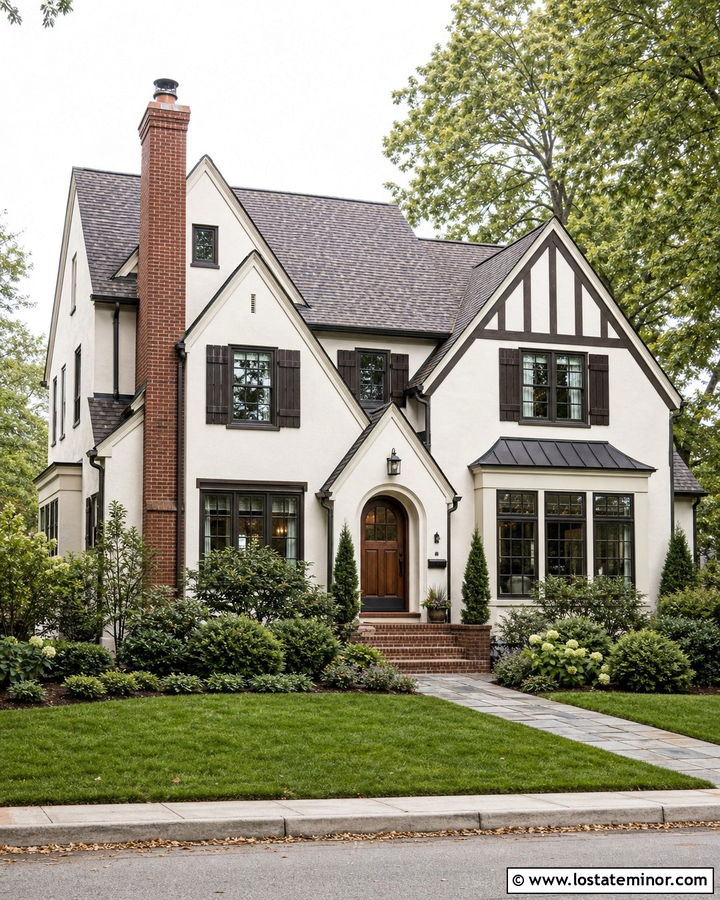 Off White House With Espresso Brown Shutters - 30 Off White House Design With Shutters Ideas