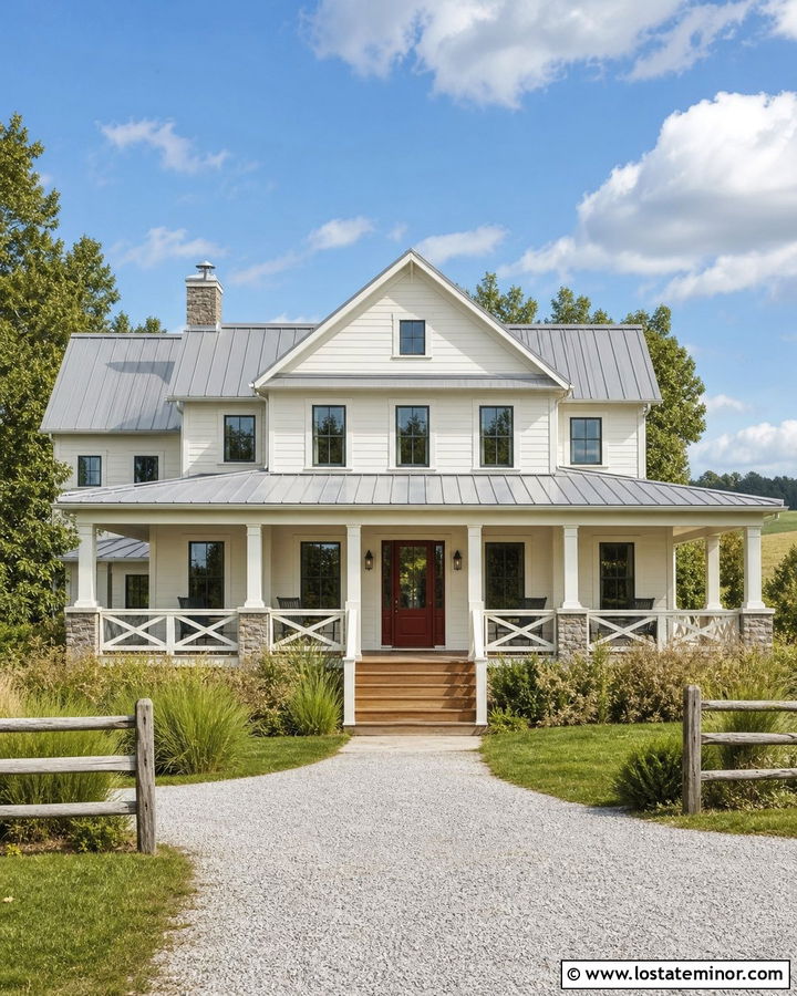 Off White House With Farmhouse Cross Railings - 30 Off White House Design With Railings Ideas