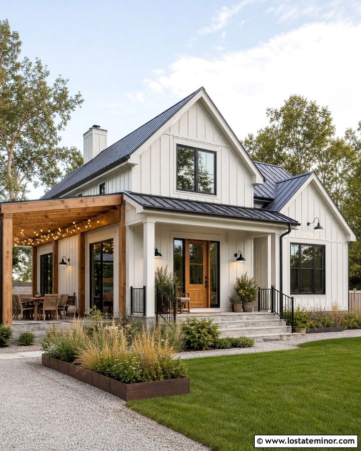 Off White House With Farmhouse String Lighting - 30 Off White House Design With Lighting Ideas
