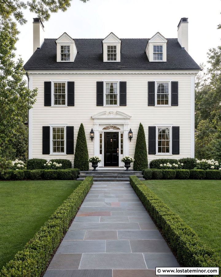 Off White House With Formal Hedge Garden - 30 Off White House Design With Front Yard Ideas
