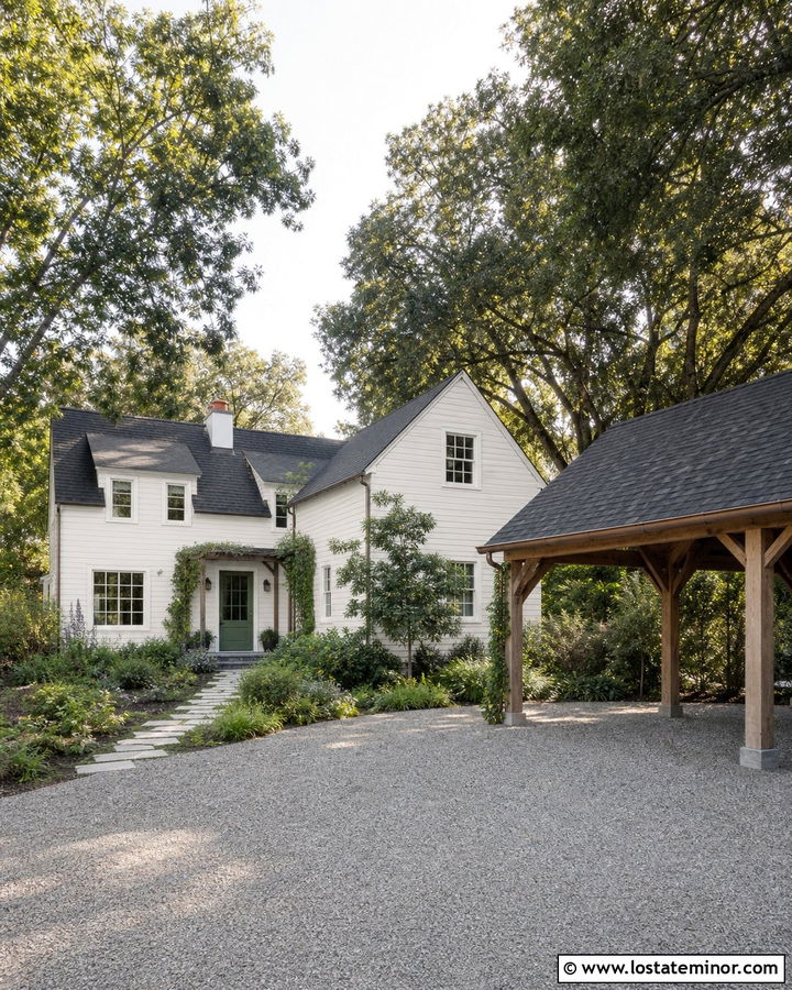 Off White House With Freestanding Wood Carport - 30 Off White House Design With Carport Ideas
