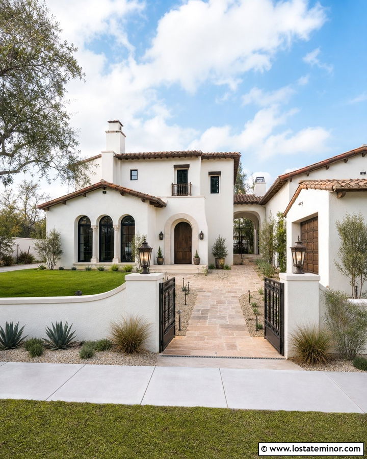 Off White House With Front Gate Lighting - 30 Off White House Design With Lighting Ideas