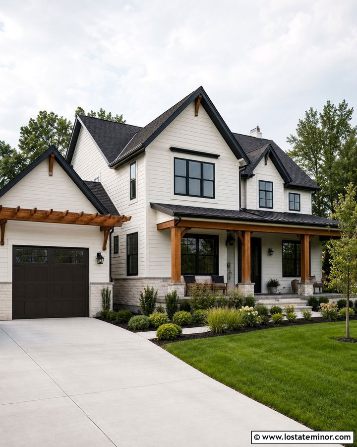 Off White House With Garage Pergola - 30 Off White House Design With Garage Door Ideas