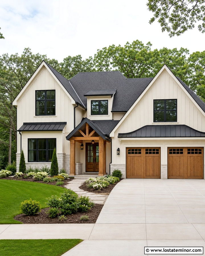 Off White House With Garage Portico Match - 30 Off White House Design With Portico Ideas