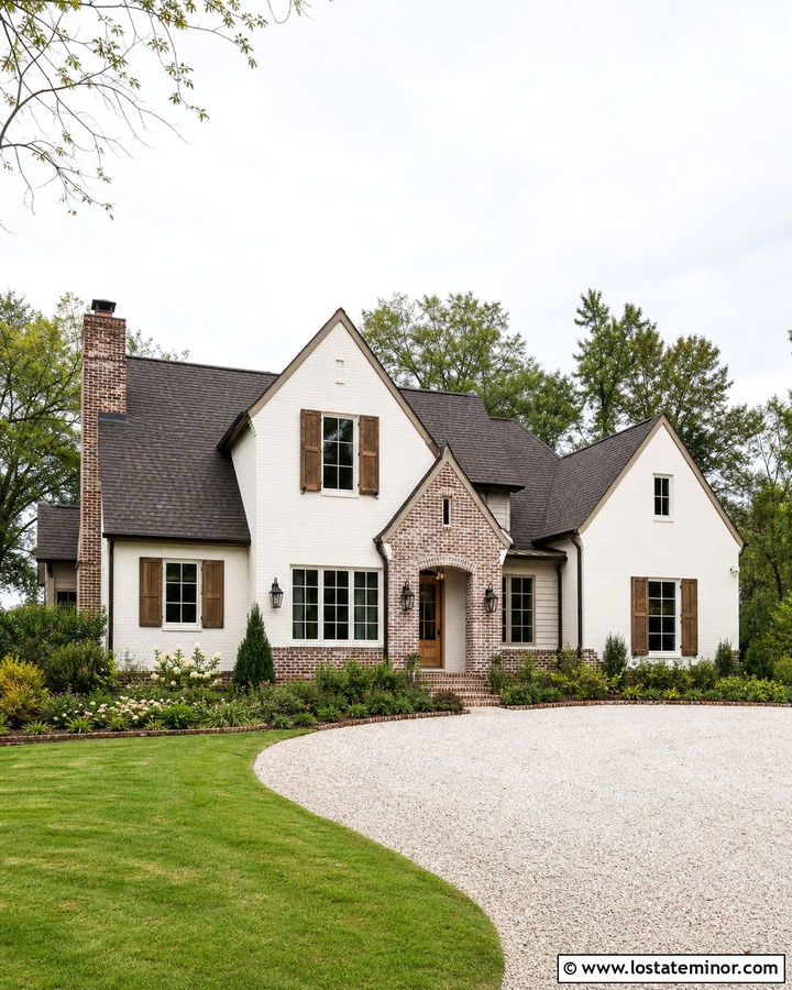 Off White House With German Schmear Brick - 30 Off White House Design With Brick Accents Ideas