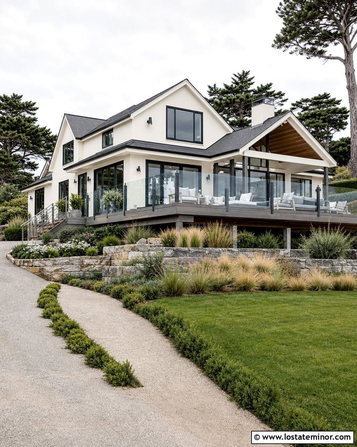 Off White House With Glass Railing Deck - 30 Off White House Design With Deck Ideas