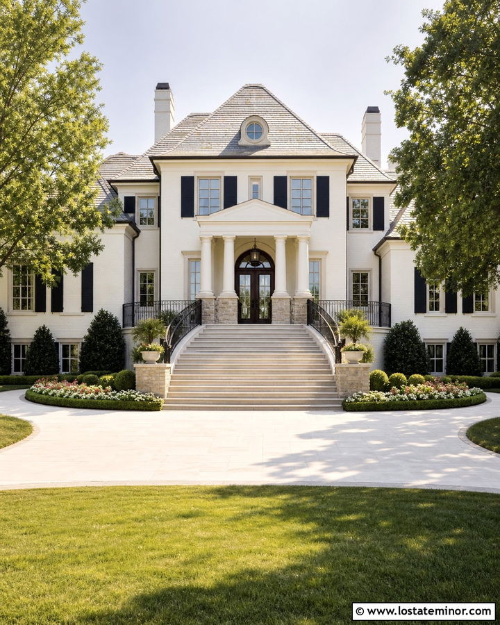 Off White House With Grand Curved Steps - 30 Off White House Design With Steps Ideas