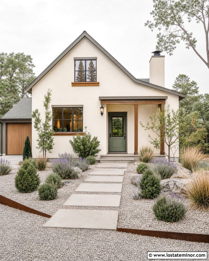 Off White House With Gravel Front Yard - 30 Off White House Design With Front Yard Ideas