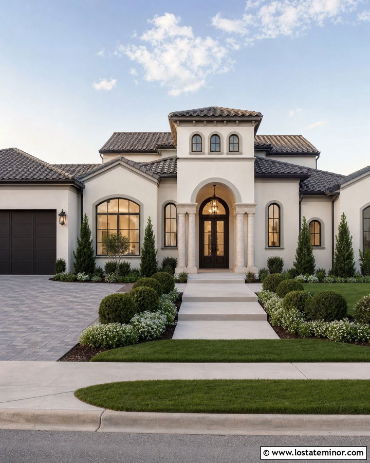 Off White House With Gray Barrel Tile Roof - 30 Off White House Design With Roof Ideas