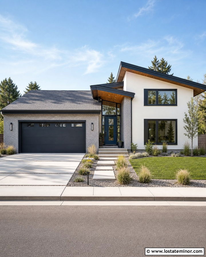 Off White House With Gray Brick Accents - 30 Off White House Design With Brick Accents Ideas