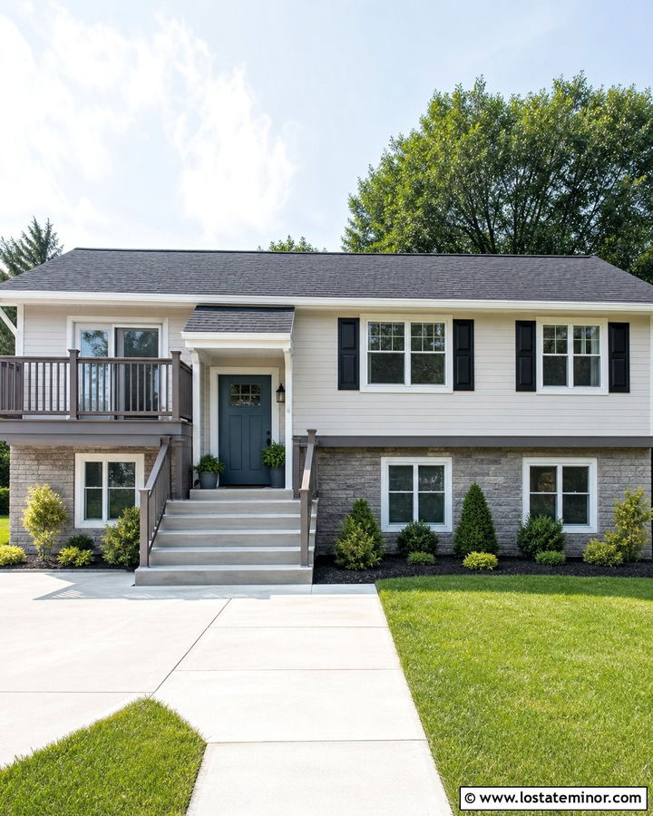 Off White House With Gray Composite Railings - 30 Off White House Design With Railings Ideas