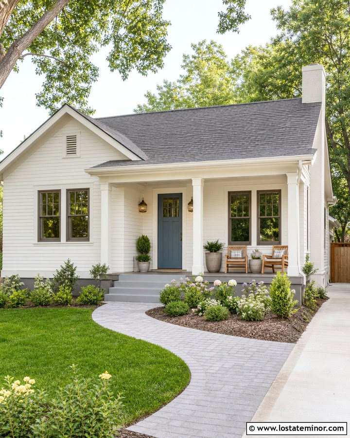 Off White House With Gray Frames And Blue Door - 30 Off White House Design With Window Frames Ideas