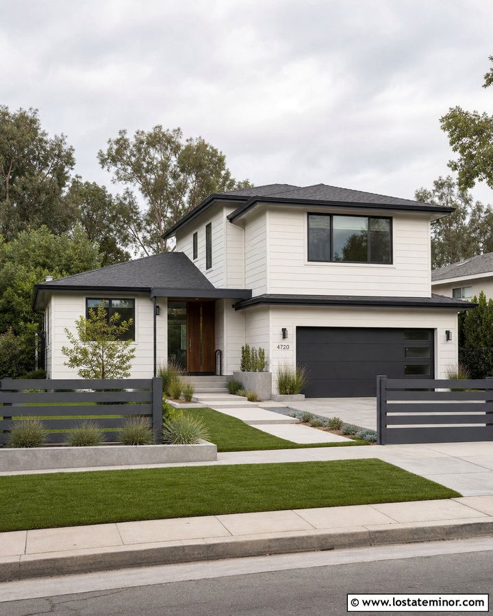 Off White House With Gray Horizontal Fence - 30 Off White House Design With Fence Ideas