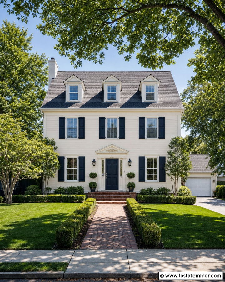 Off White House With Gray Shingles And Navy Shutters - 30 Off White House Design With Shingles Ideas