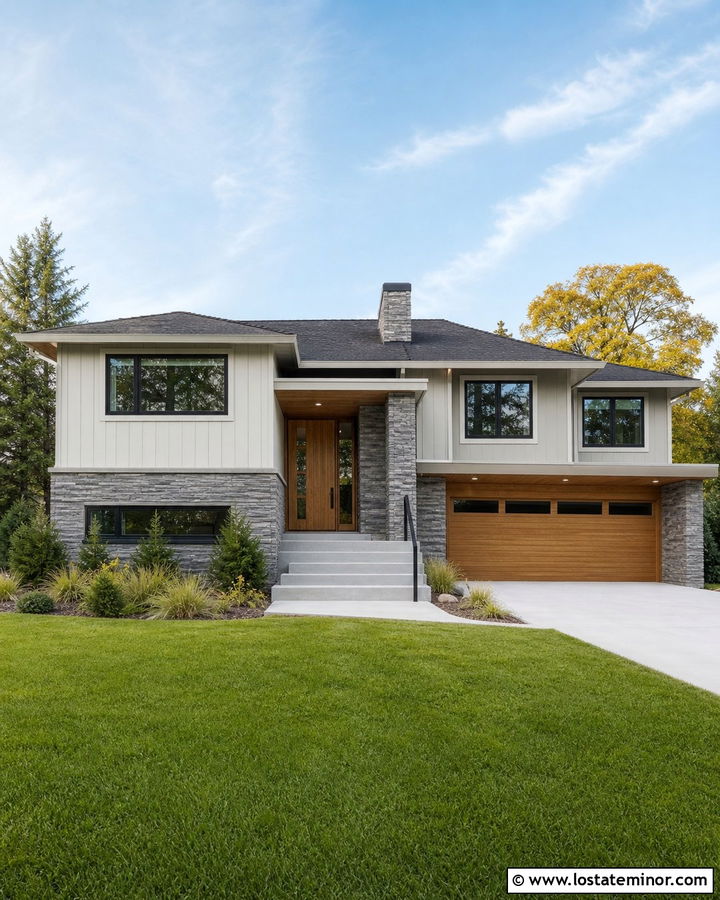 Off White House With Gray Stone And Wood - 30 Off White House Design With Accents Ideas