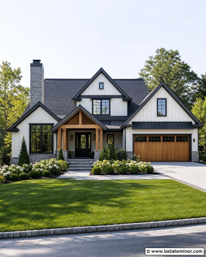 Off White House With Gray Stone Chimney - 30 Off White House Design With Chimney Ideas