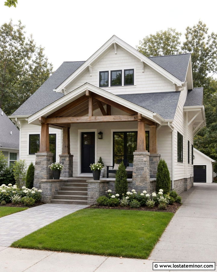 Off White House With Gray Stone Front Porch - 30 Off White House Design With Front Porch Ideas