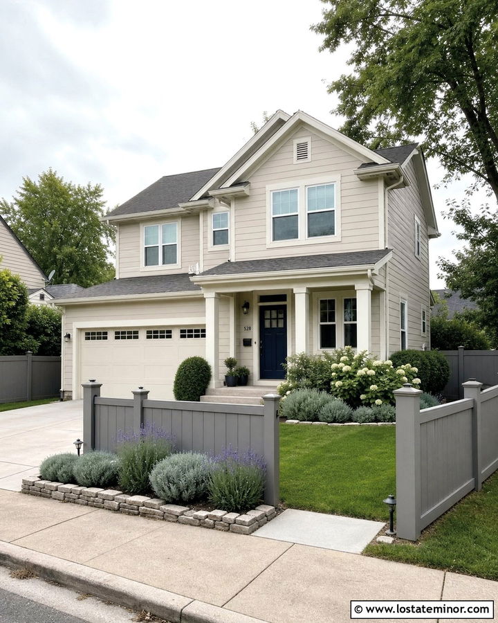 Off White House With Gray Vinyl Fence - 30 Off White House Design With Fence Ideas