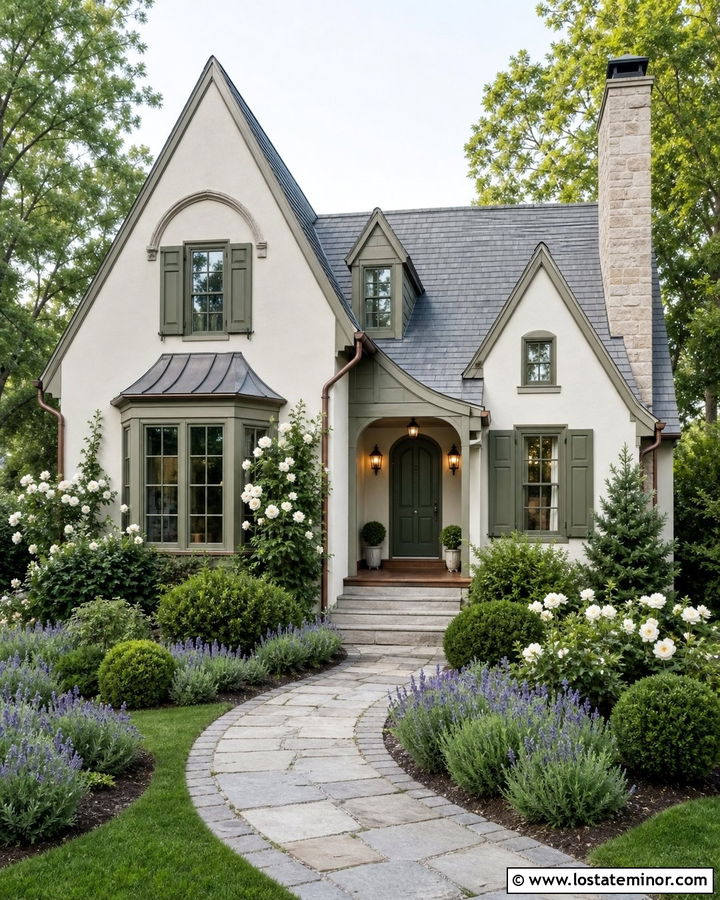 Off White House With Green Frames And Copper Gutters - 30 Off White House Design With Window Frames Ideas