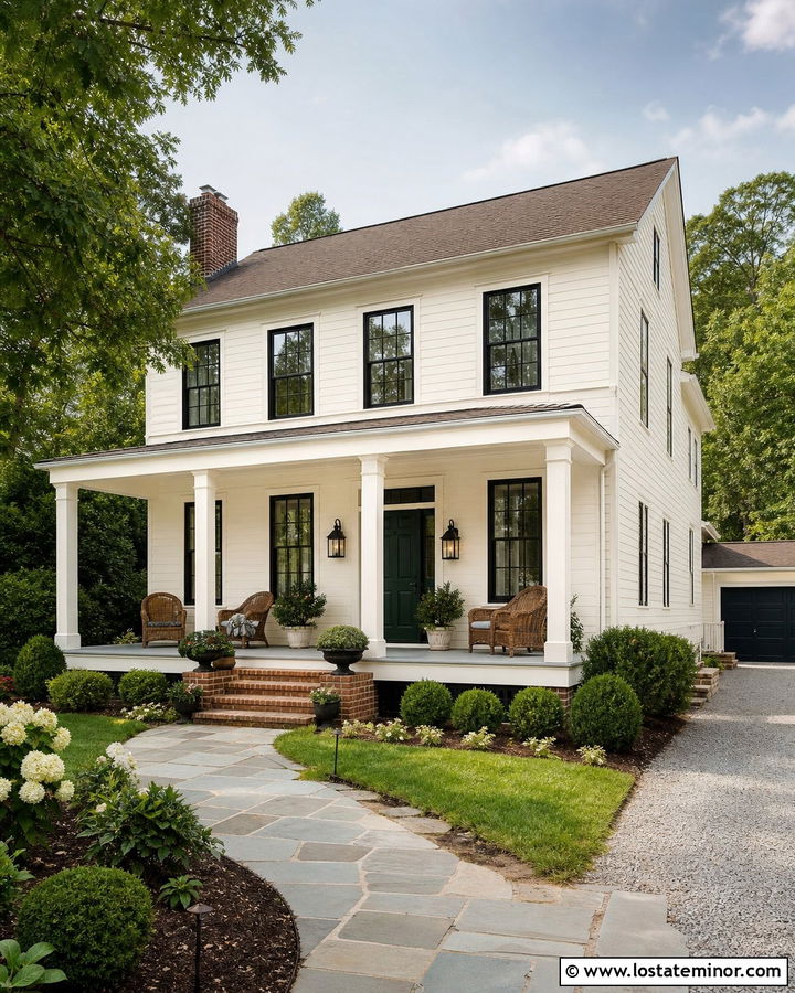 Off White House With Green Front Door Porch - 30 Off White House Design With Front Porch Ideas