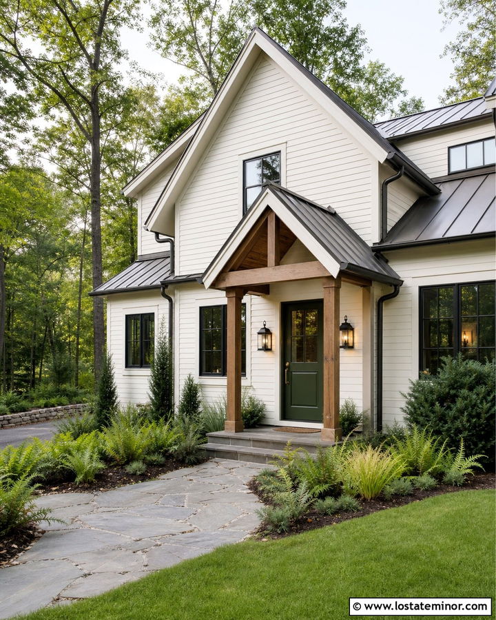 Off White House With Green Front Door Portico - 30 Off White House Design With Portico Ideas