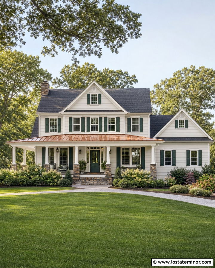 Off White House With Green Shutters And Copper Accents - 30 Off White House Design With Shutters Ideas