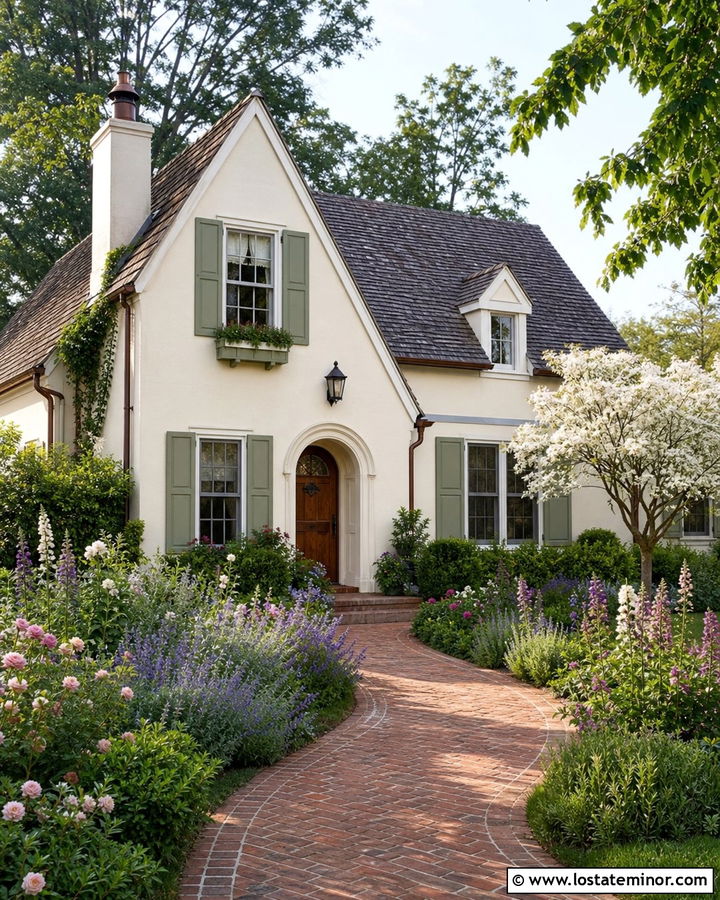 Off White House With Green Shutters And Cottage Garden - 30 Off White House Design With Front Yard Ideas
